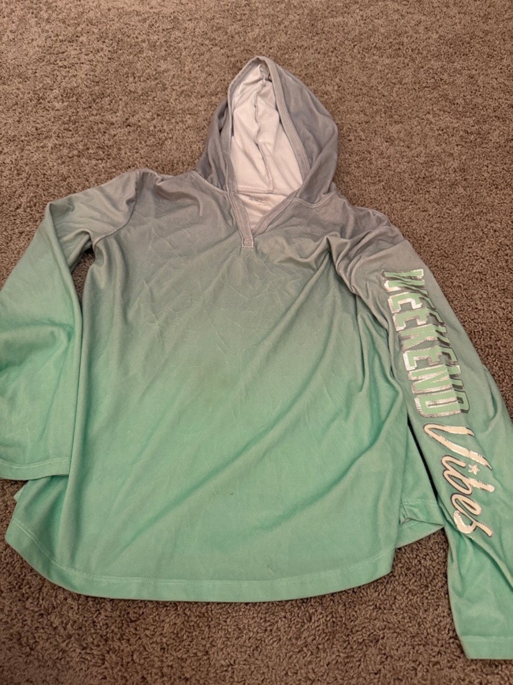 JusticeWeekend Vibes Ombre Mint to Light Gray Hooded Pullover with Sleeve Script
